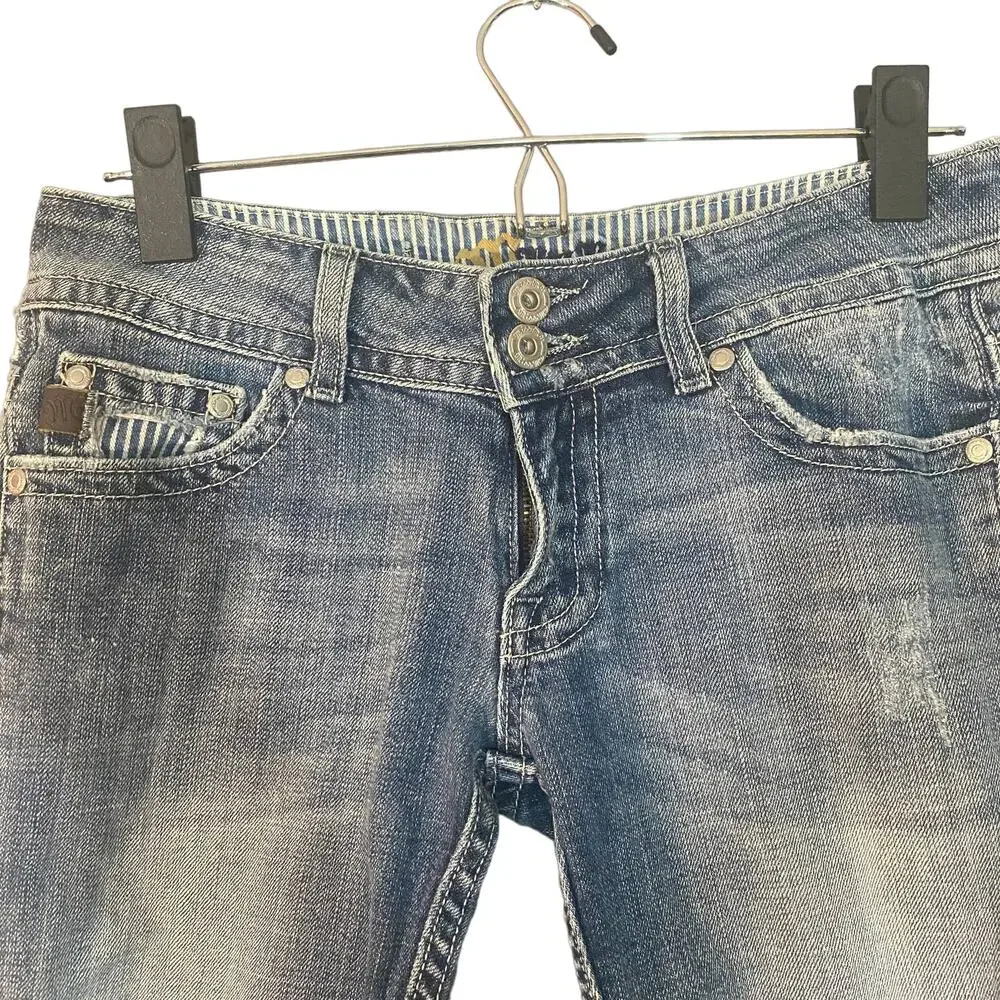 Miss Me Blue Seville Fringe Bermuda Stripe Detail Denim Jean Shorts Women Sz 27